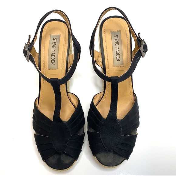 Steve Madden Women's Radley Espadrille Wedge T-Strap Peep Toe Sandal in Black - Picture 3 of 16